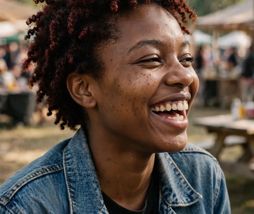 Black woman with cherry cola red natural coils, joyful expression, festival background
