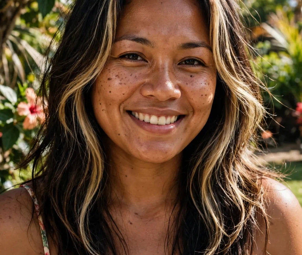 Pacific Islander woman with buttery blonde face-framing layers, brown skin, sunny outdoor setting