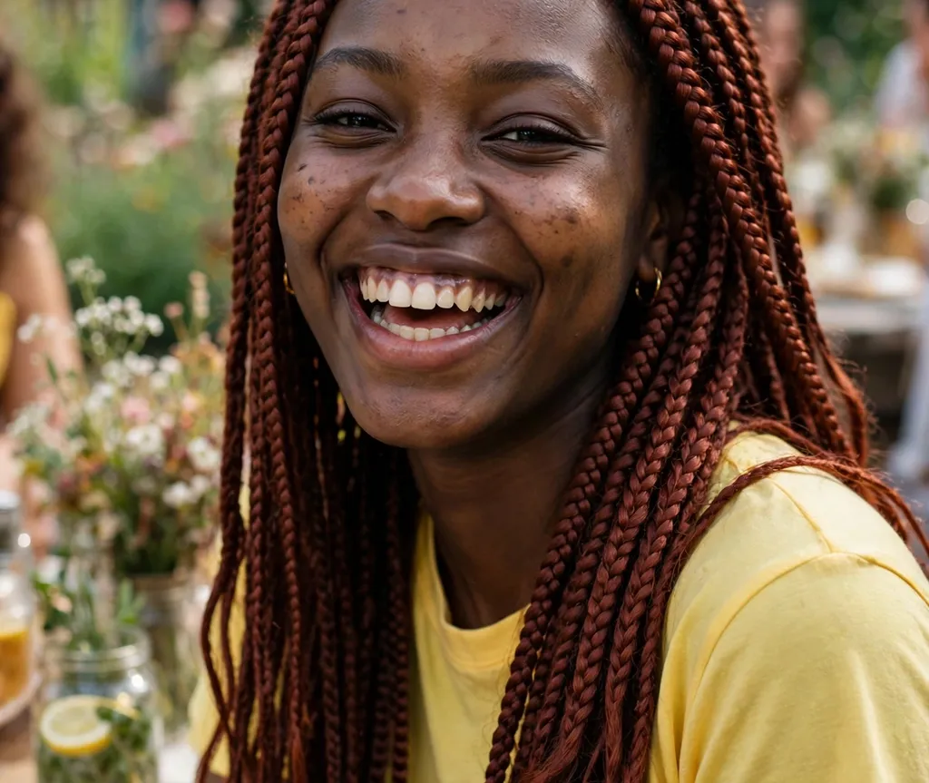 Black woman with long mahogany brown braids, smiling, garden party background