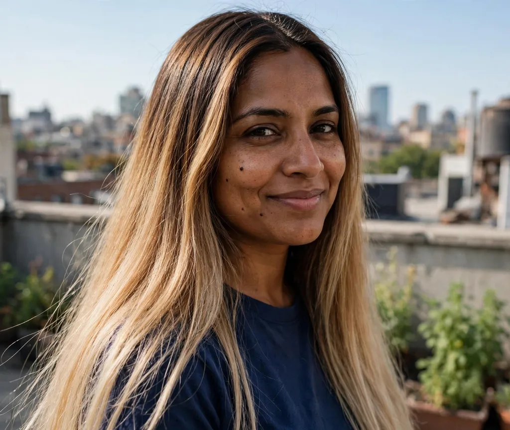 South Asian woman with iced honey ombre long hair, brown skin, city rooftop background