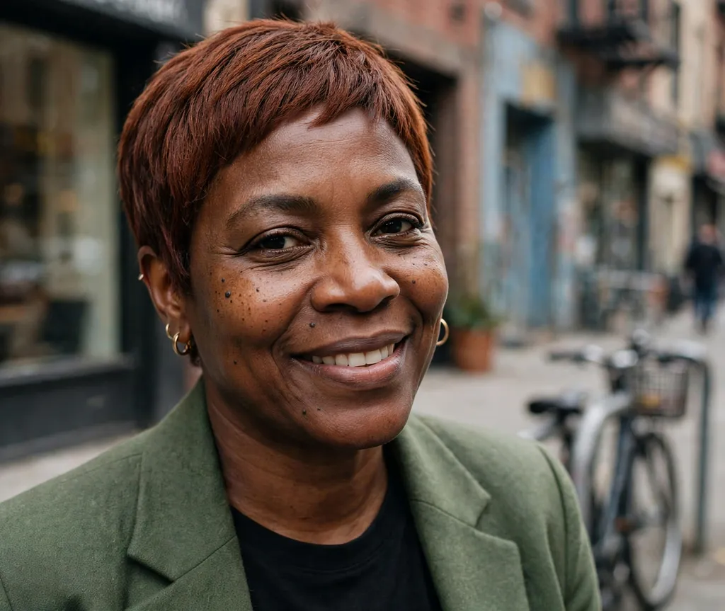 Black woman with chestnut brown pixie cut, confident smile, urban street background
