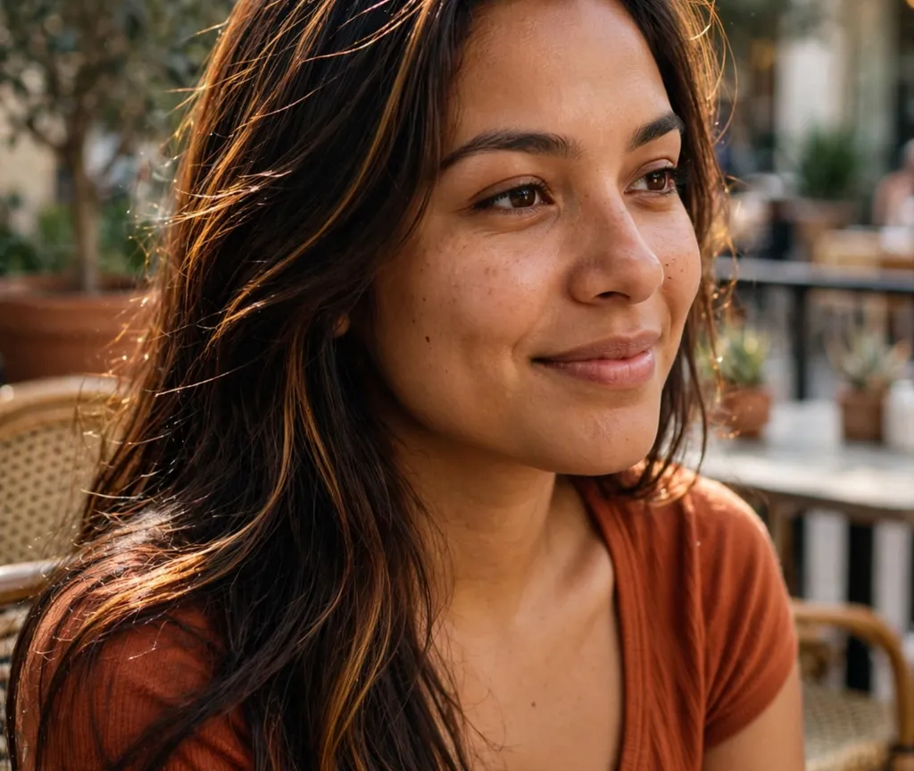 Latina woman with golden copper highlights in dark hair, brown skin, cafe terrace background