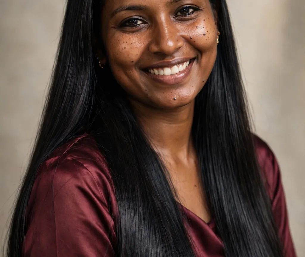 South Asian woman with glossy jet black straight hair, brown skin glowing, studio lighting