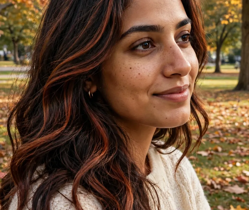 Middle Eastern woman with cinnamon swirl balayage wavy hair, deep brown skin, autumn park