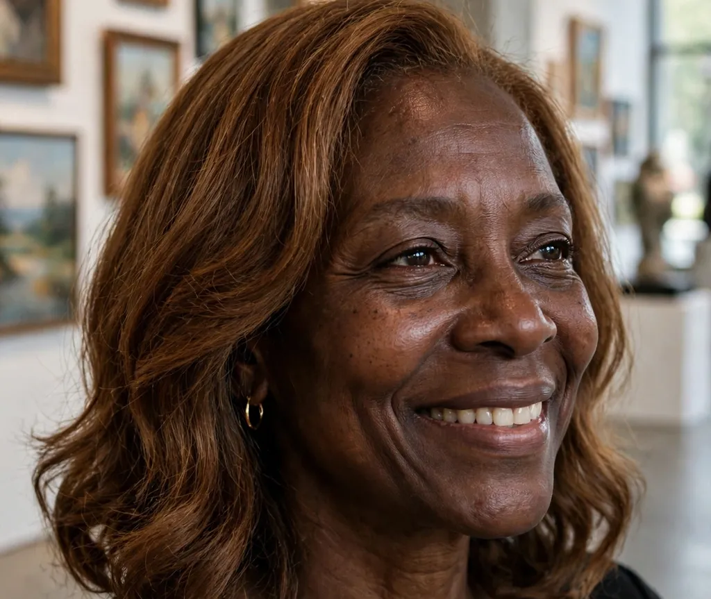 Black woman in her 50s with toasted caramel lob, elegant smile, art gallery background