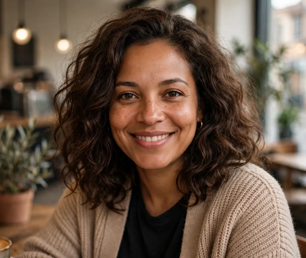 Afro-Latina woman with rich mocha brown wavy hair, brown skin, coffee shop background