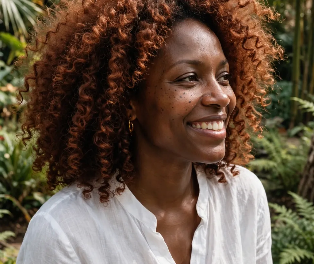 Black woman with warm auburn curly hair, brown skin glowing, botanical garden background