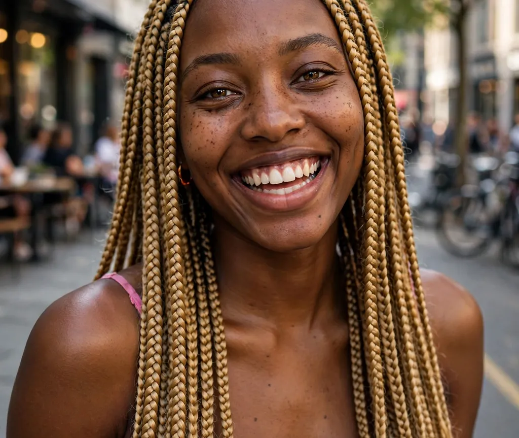 Black woman with honey blonde box braids, brown skin, summer street style