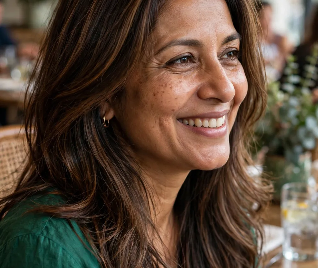 South Asian woman with chocolate balayage long layered hair, brown skin, restaurant background