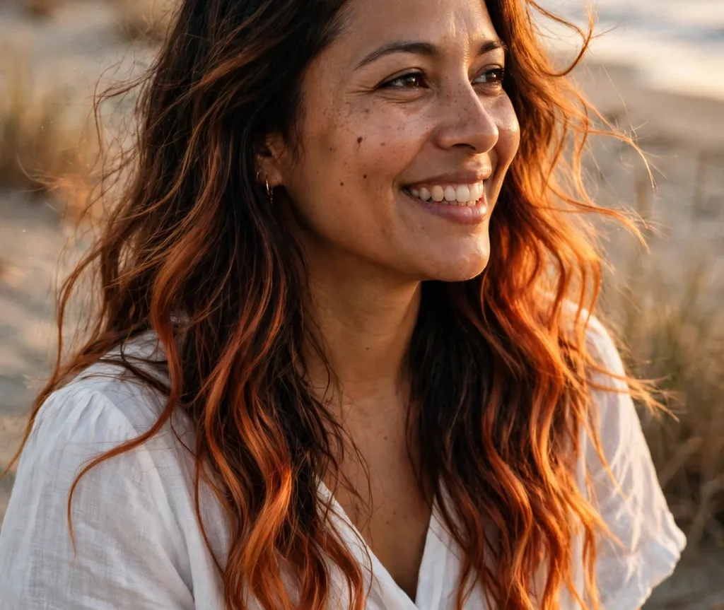 Latina woman with sunset copper ombre hair, brown skin, golden hour beach background