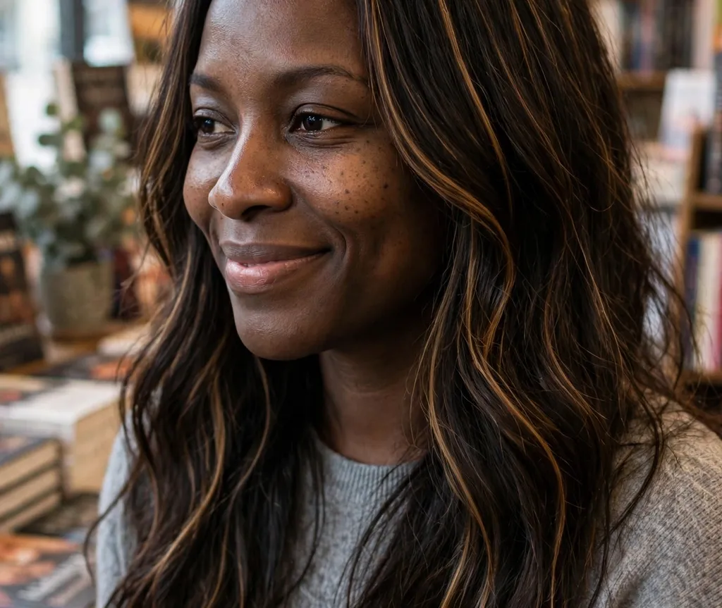 Black woman with espresso hair and caramel ribbon highlights, brown skin, bookstore background