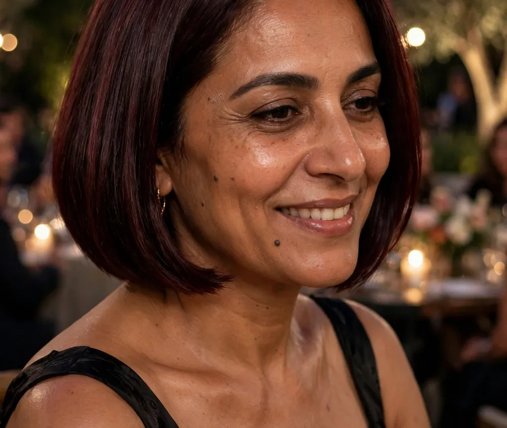 Middle Eastern woman with wine burgundy bob haircut, deep brown skin, evening event background