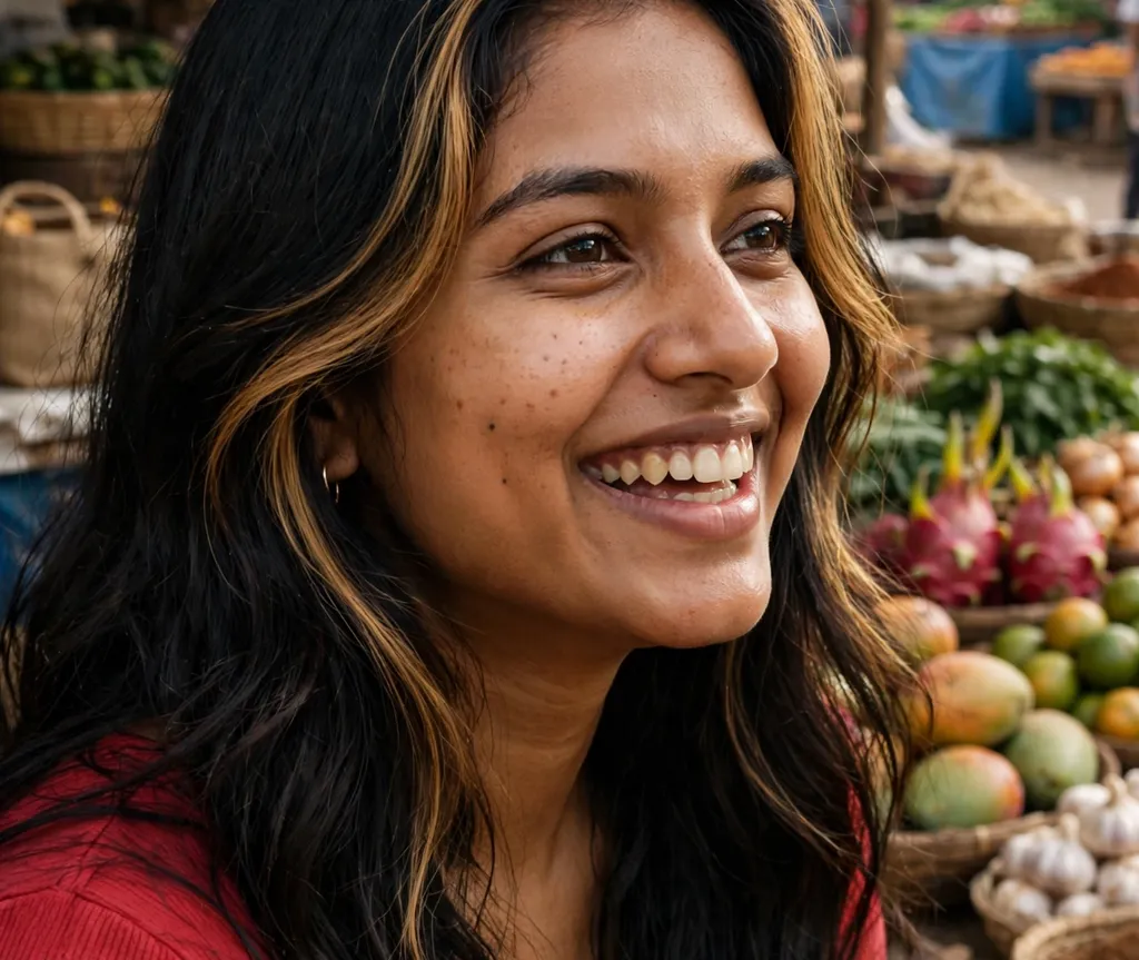 South Asian woman with golden honey highlights on black hair, brown skin, outdoor market background