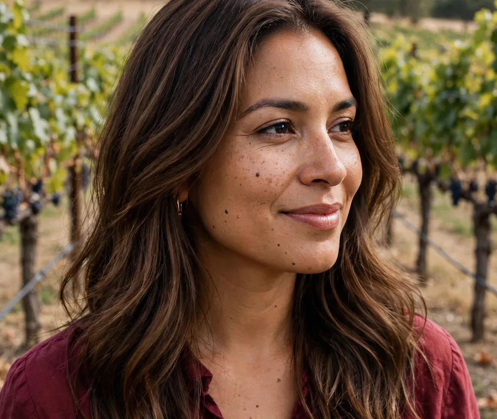 Latina woman with milk chocolate long layered hair, brown skin, vineyard background