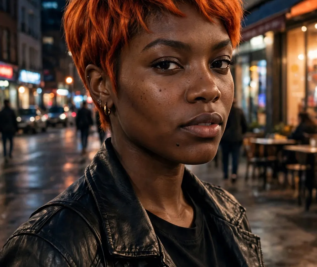 Black woman with fiery copper pixie cut, brown skin, bold confident look, city night background