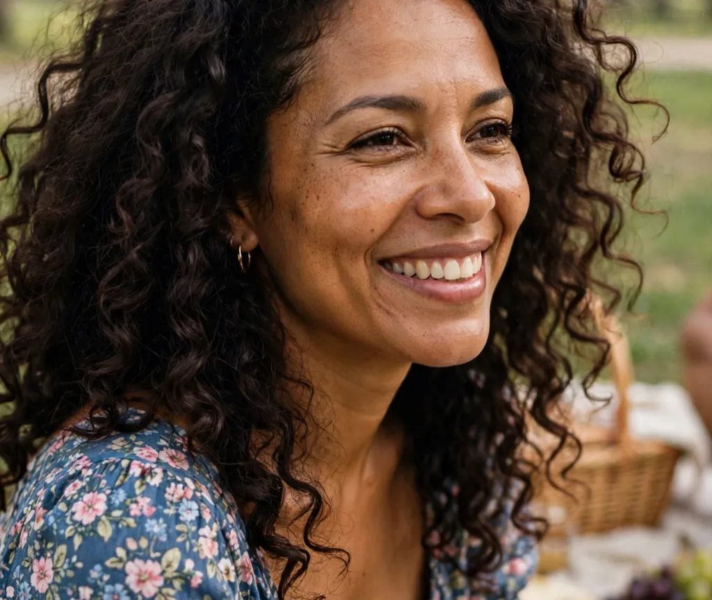 Afro-Latina woman with deep chocolate voluminous curls, brown skin, park picnic background