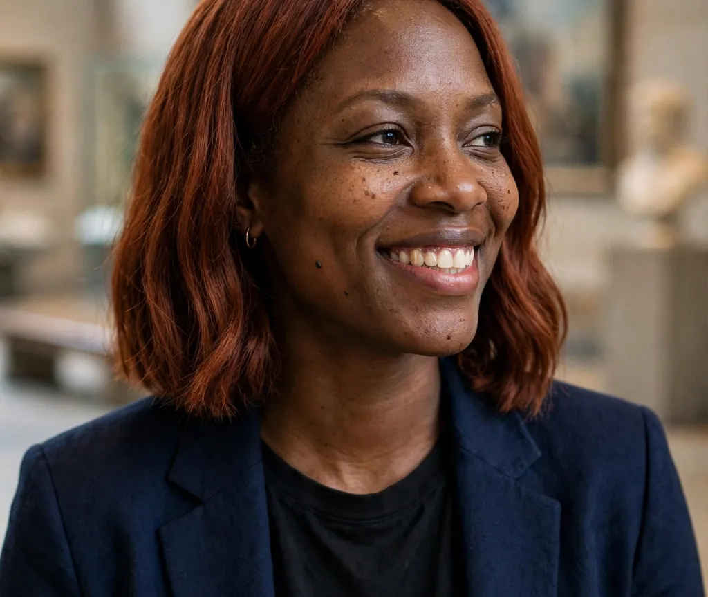 Black woman with warm auburn lob haircut, brown skin, museum background