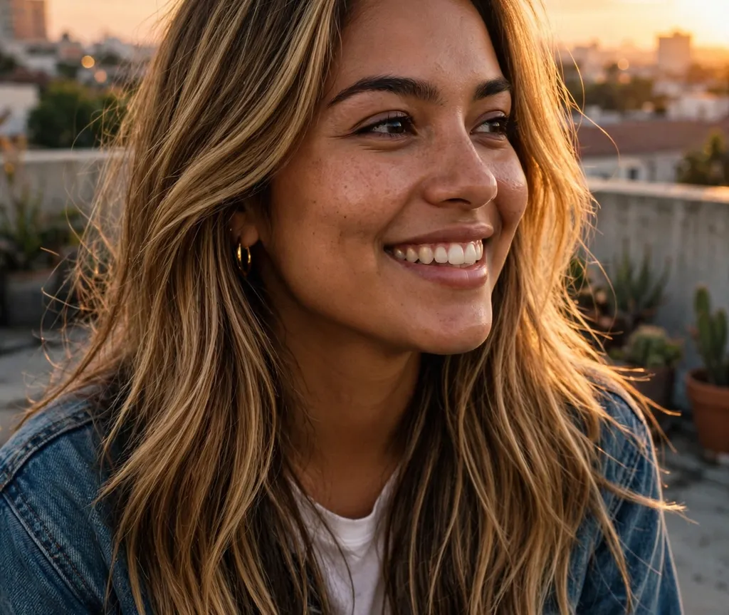 Latina woman with golden bronde long layers, brown skin, rooftop sunset background