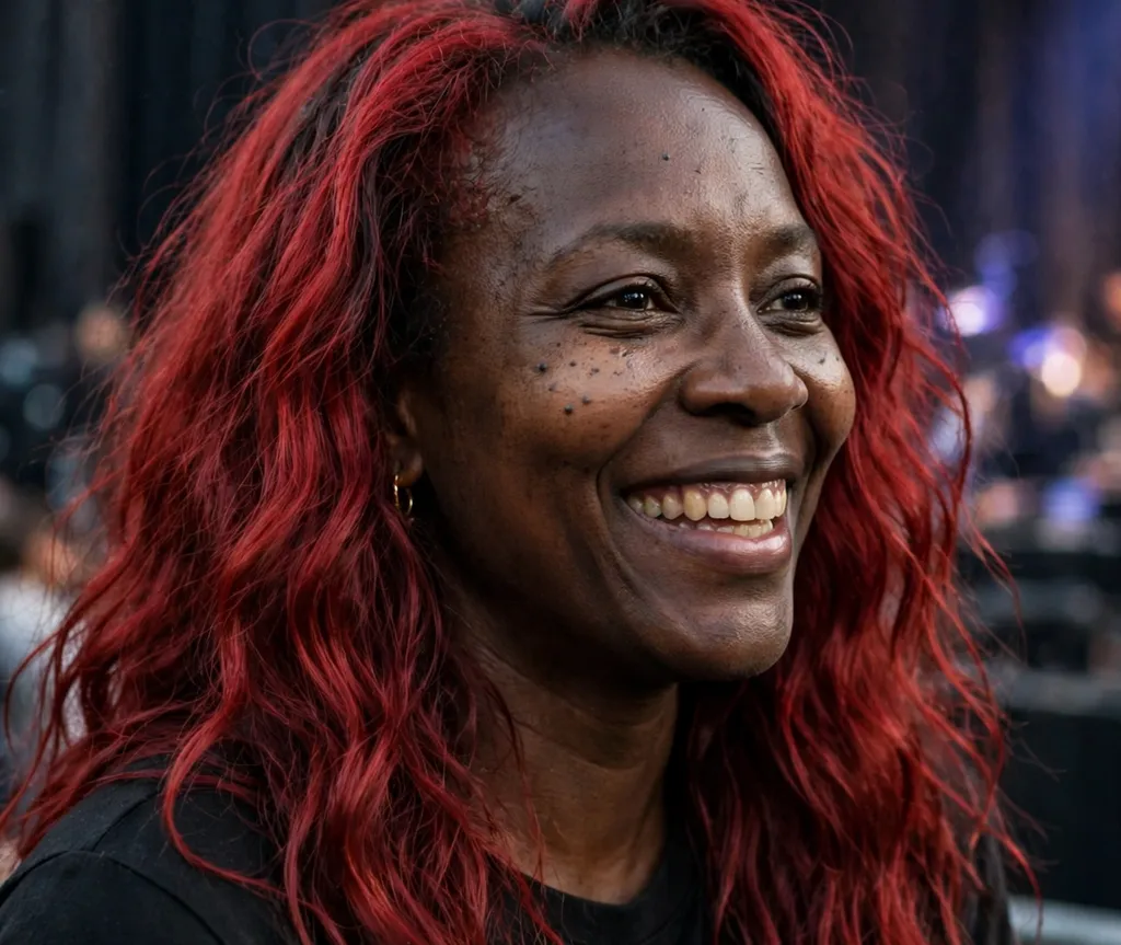 Black woman with cherry red long waves, brown skin, concert venue background