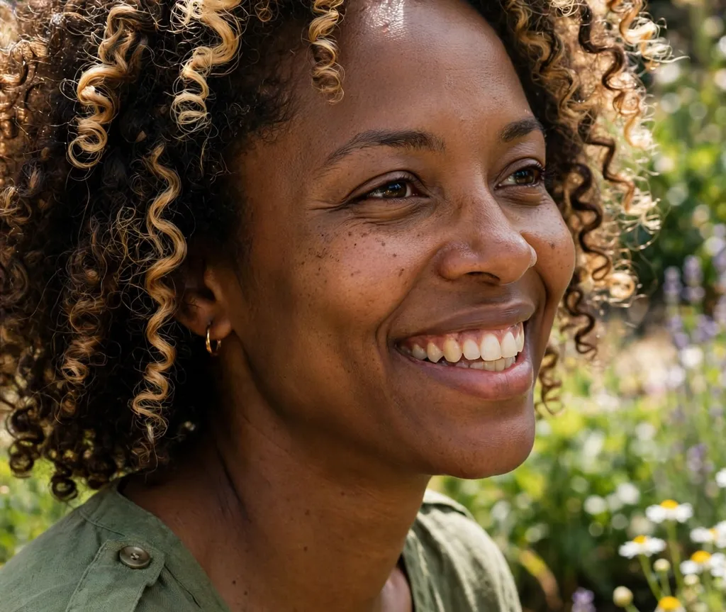 Black woman with honey highlights on natural coils, brown skin, sunny garden background