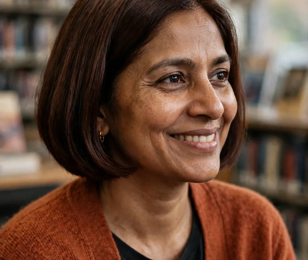 South Asian woman with rich cocoa brown bob, brown skin, library background