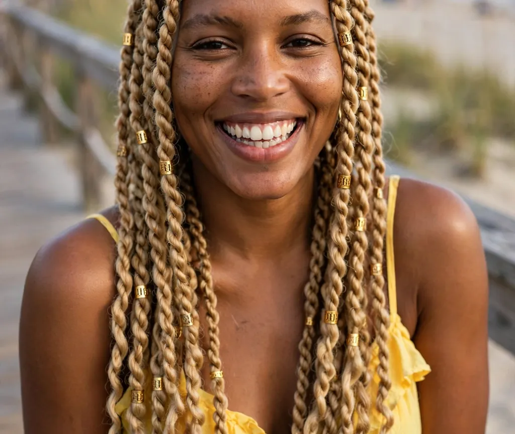 Black woman with golden blonde two-strand twists, brown skin, beach boardwalk background