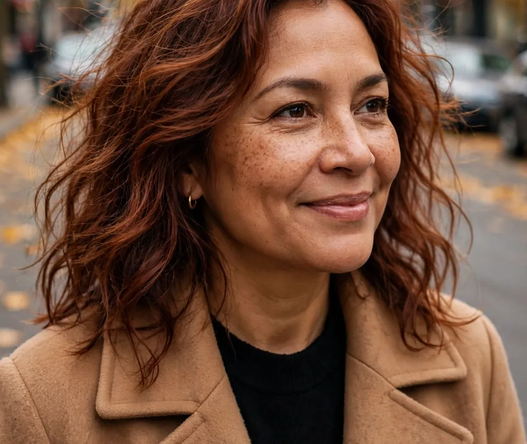 Latina woman with warm chestnut wavy hair, brown skin, autumn street background