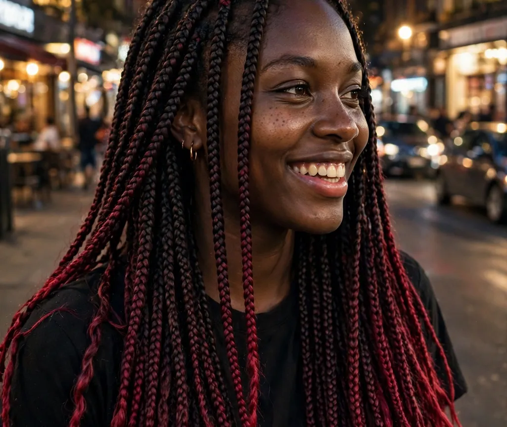 Black woman with burgundy ombre long braids, brown skin, evening city lights background