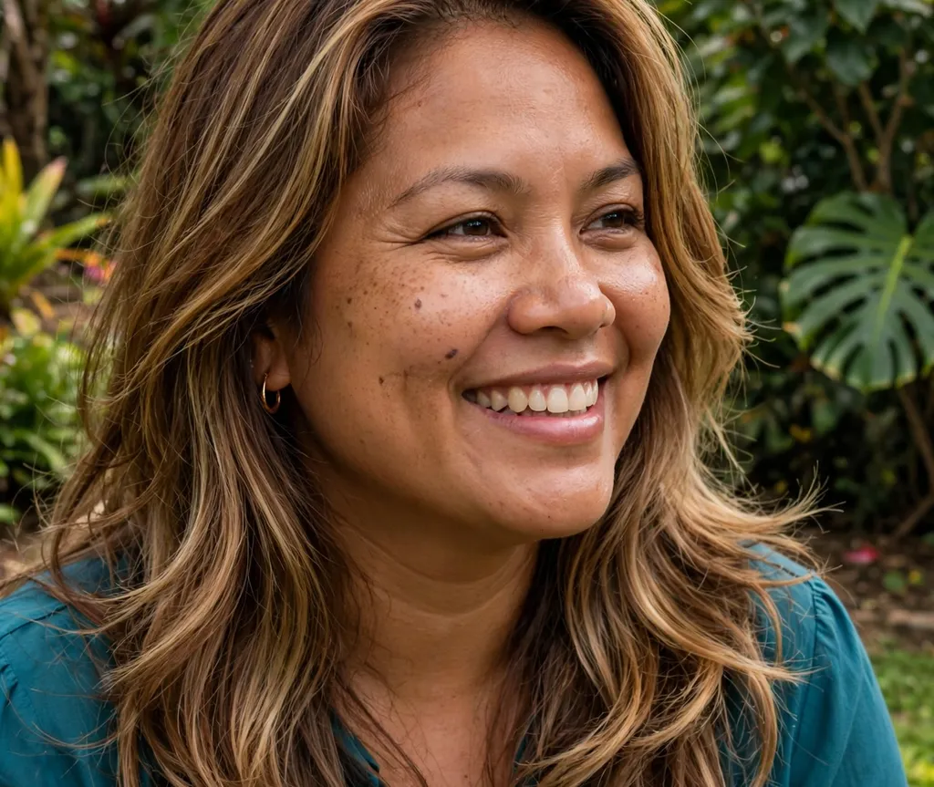 Pacific Islander woman with honey wheat highlights, brown skin, tropical garden background