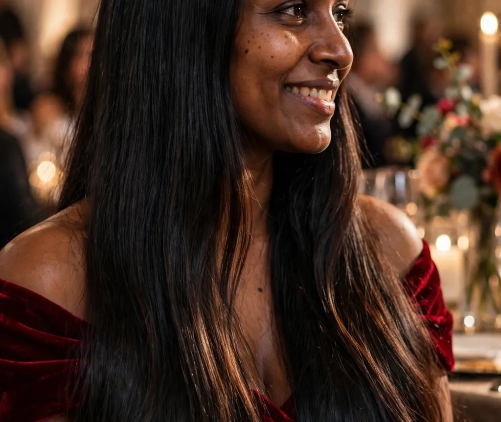 South Asian woman with glossy jet black hair with warm undertones, brown skin, elegant gala background