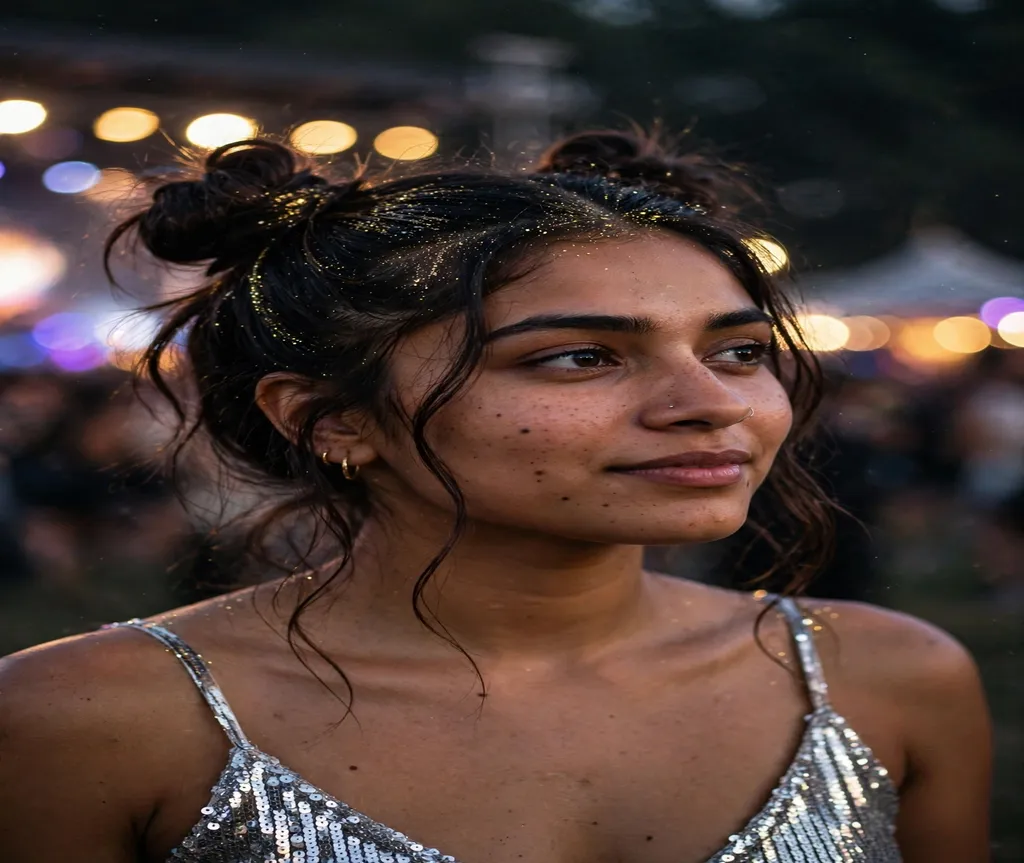Young woman with glitter-root space buns and a silver sequin top at a music festival