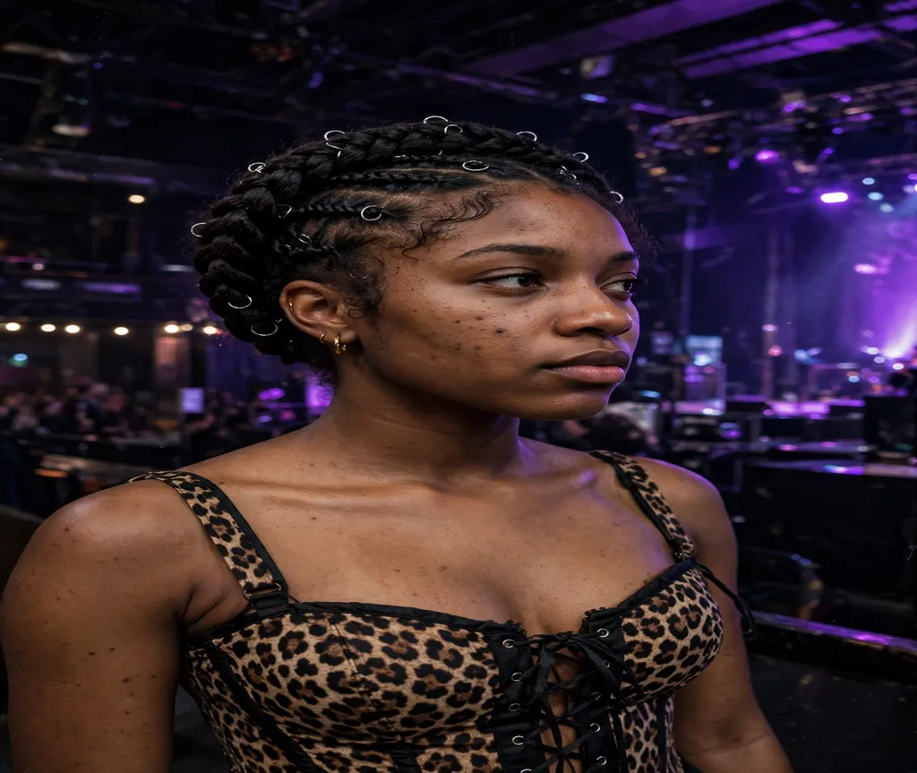 Woman with glitter roots and space buns at an outdoor music festival
