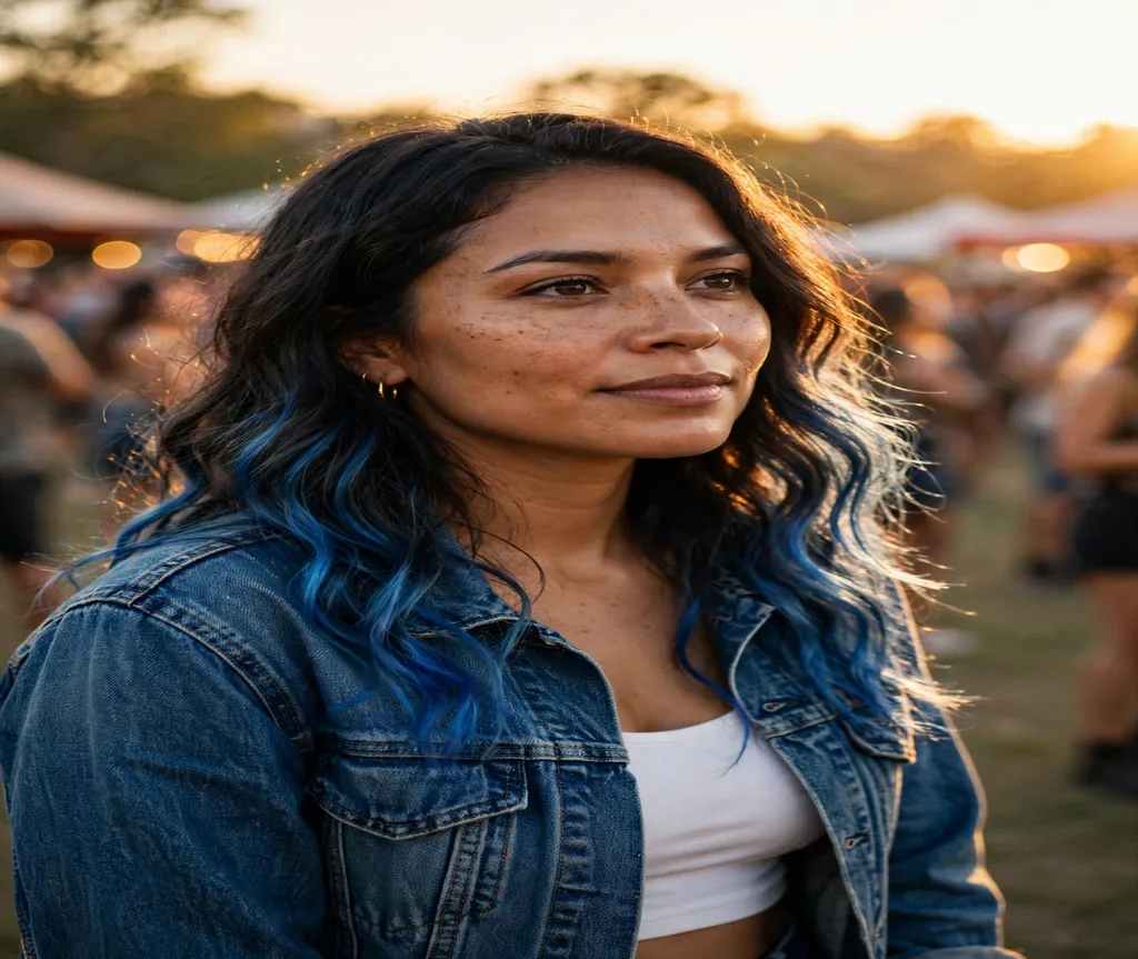 Woman wearing a braided crown with silver hair rings at a concert venue
