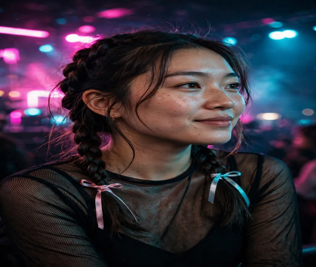 Woman with electric blue dip-dye wavy hair at a golden hour festival
