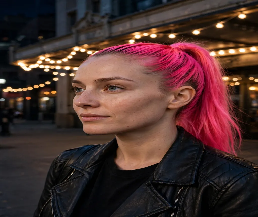Woman with double Dutch braids tied with satin ribbons at a neon-lit concert