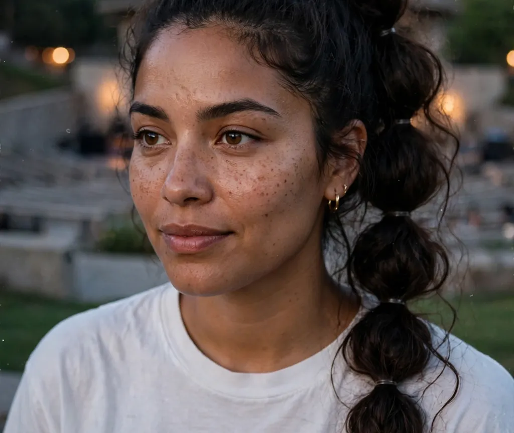 Woman with half-up space buns and a glittery center part at an indoor concert
