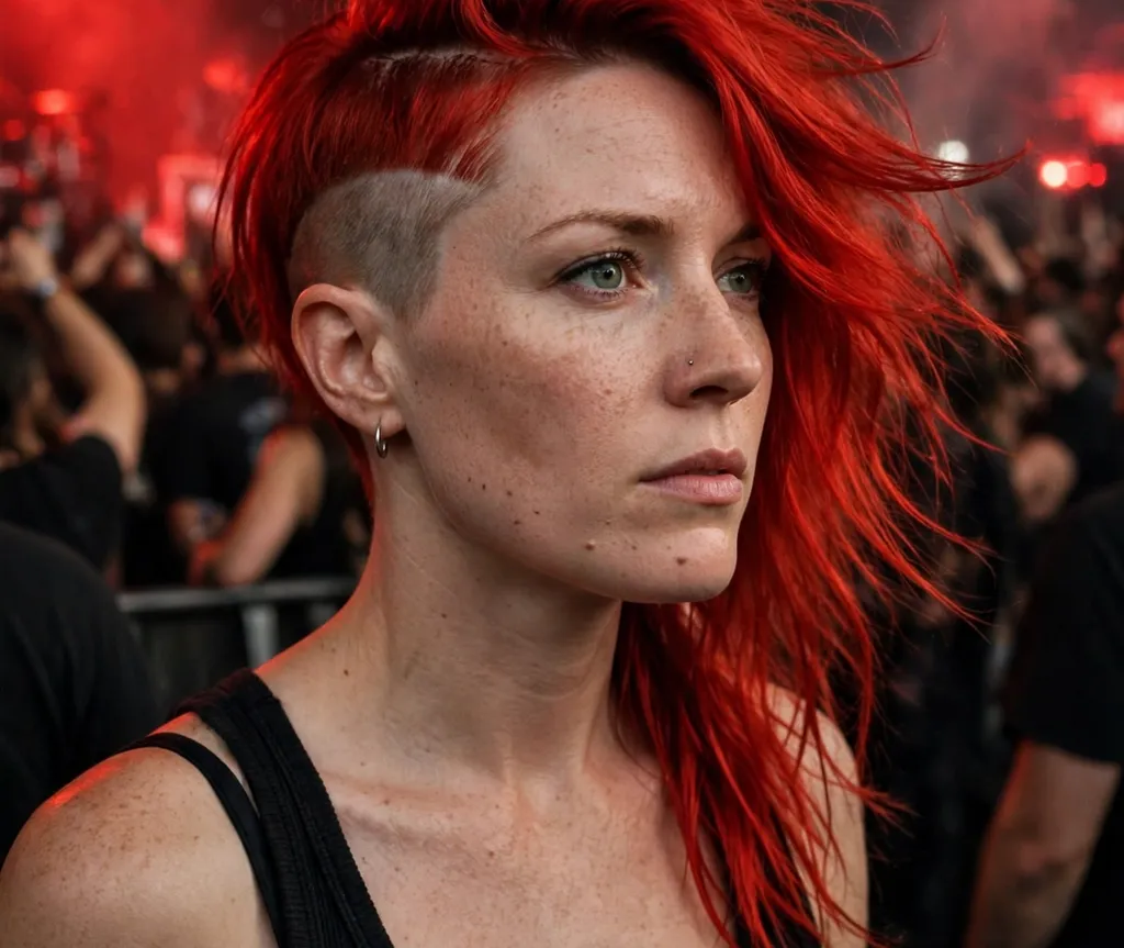 Woman with a chunky bubble-braid high ponytail at an outdoor amphitheater