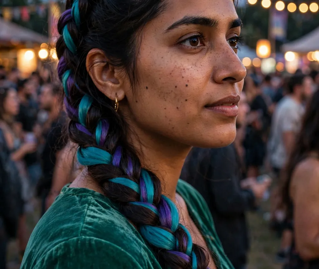 Woman with a loose side braid decorated with star clips at an indie concert