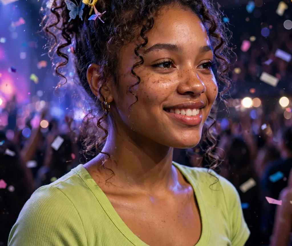 Woman with sunset ombre loose waves at an outdoor amphitheater