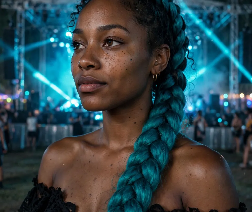 Woman with a spiky punk rock bun at a grungy club concert