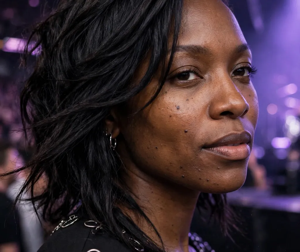 Woman with double French braids dusted with silver glitter at an arena concert