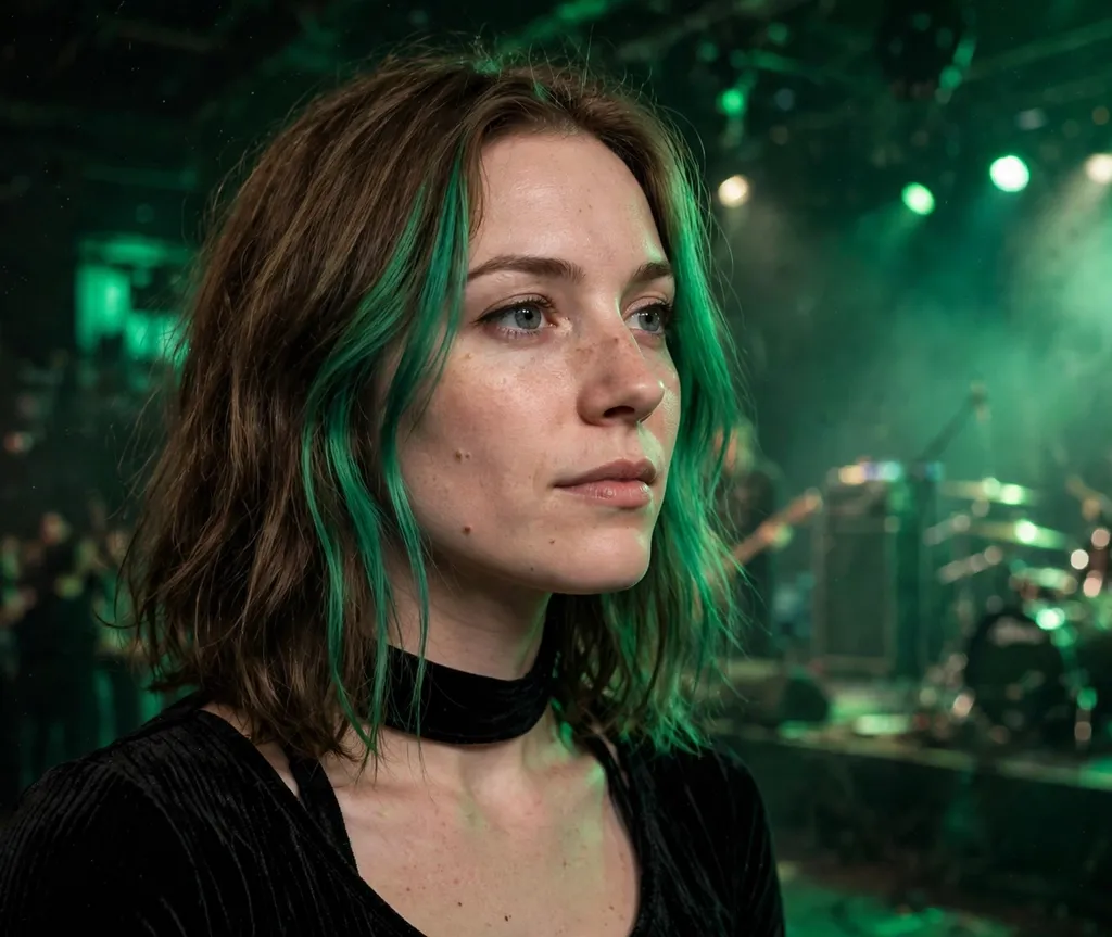 Woman with bubble pigtails threaded with colorful beads at a pop festival