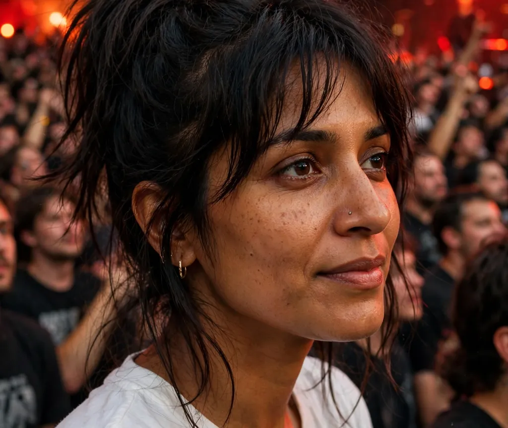 Woman with glittery curtain bangs and loose waves at a disco concert