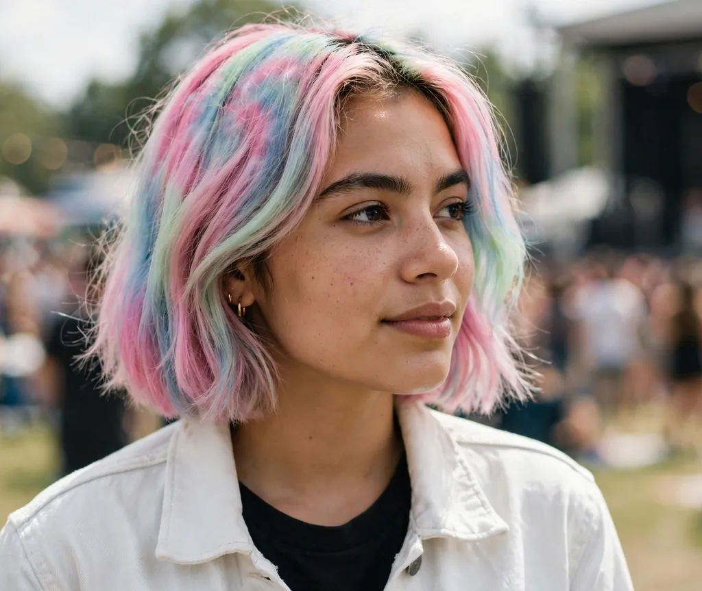 Woman with long glitter-dusted disco waves at a disco-themed concert