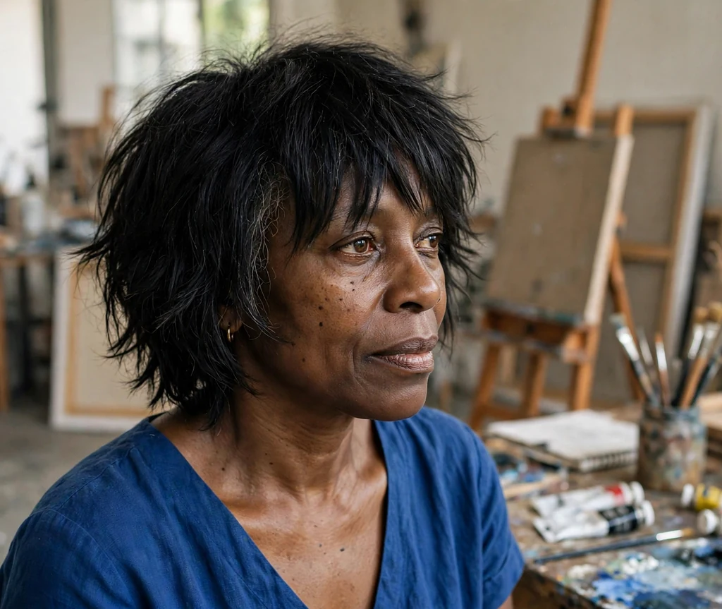 Modern shag haircut on an older Black woman