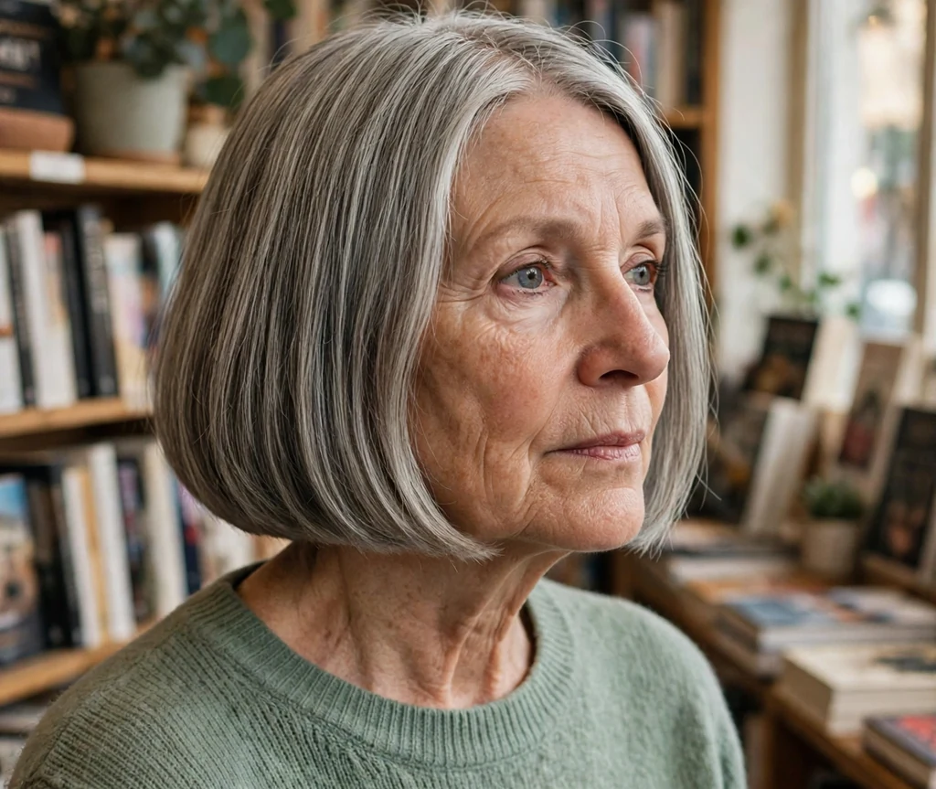 Blunt chin-length bob haircut on an older woman with gray hair