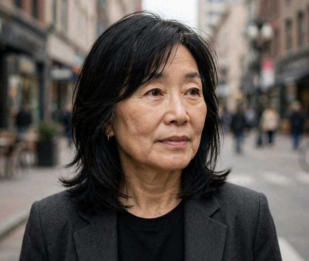 Layered lob haircut on an older East Asian woman
