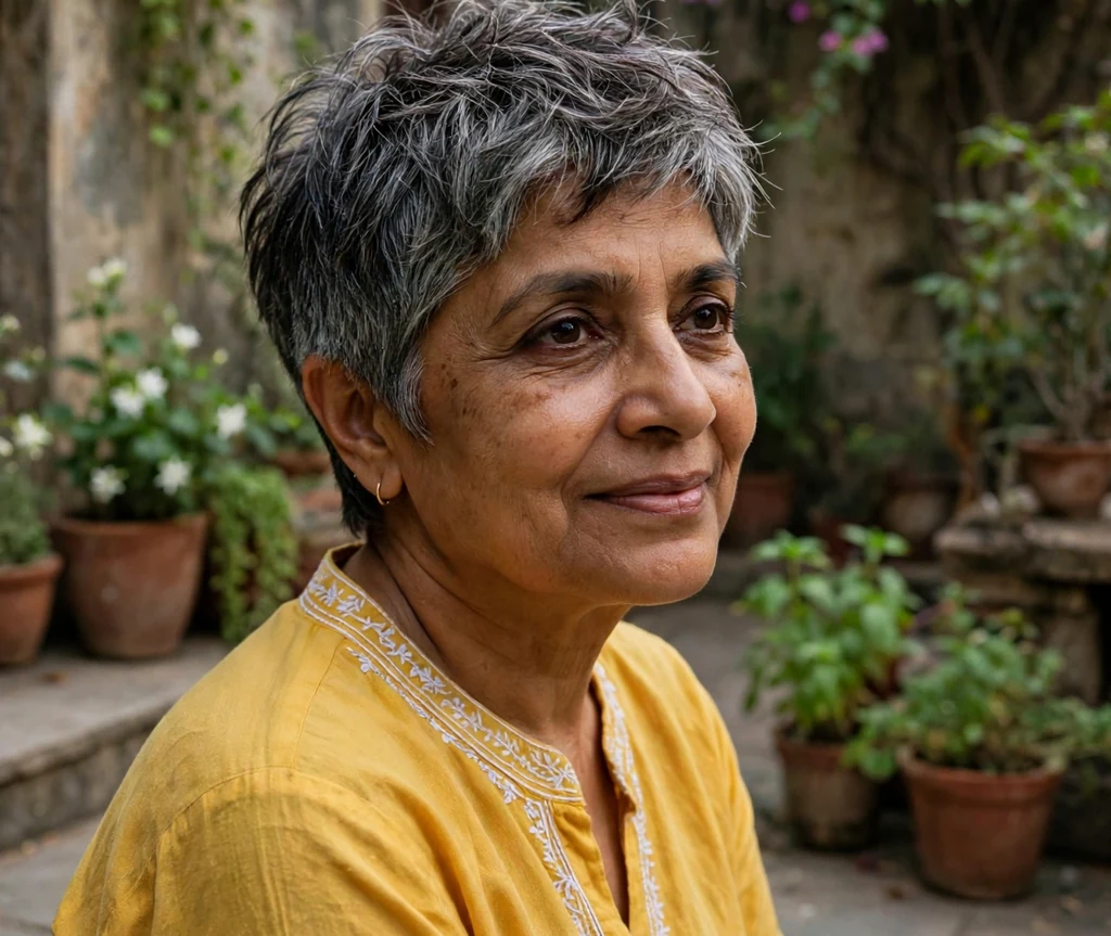 Textured pixie haircut on an older South Asian woman