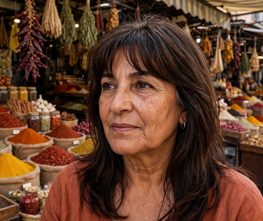 Curtain bangs with layered haircut on an older Middle Eastern woman