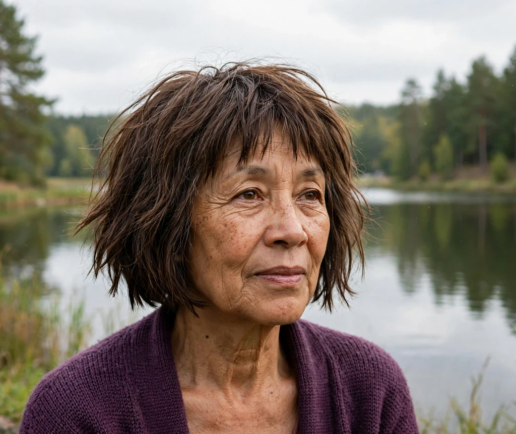 Choppy bob haircut on an older mixed-race woman
